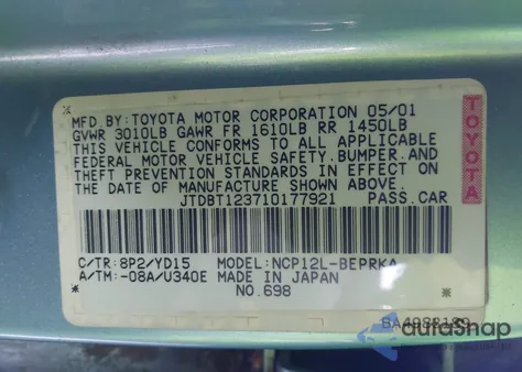 2001 Toyota Echo из США, поврежденный, VIN JTDBT123710177921